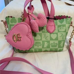 Green Checker Tote with Pink Trim and Heart Charm